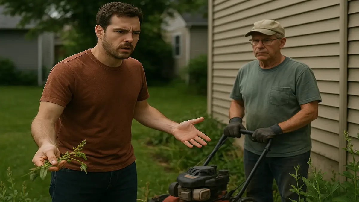 Neighbor mowing lawn too close to the property line, showcasing the tension over yard boundaries.