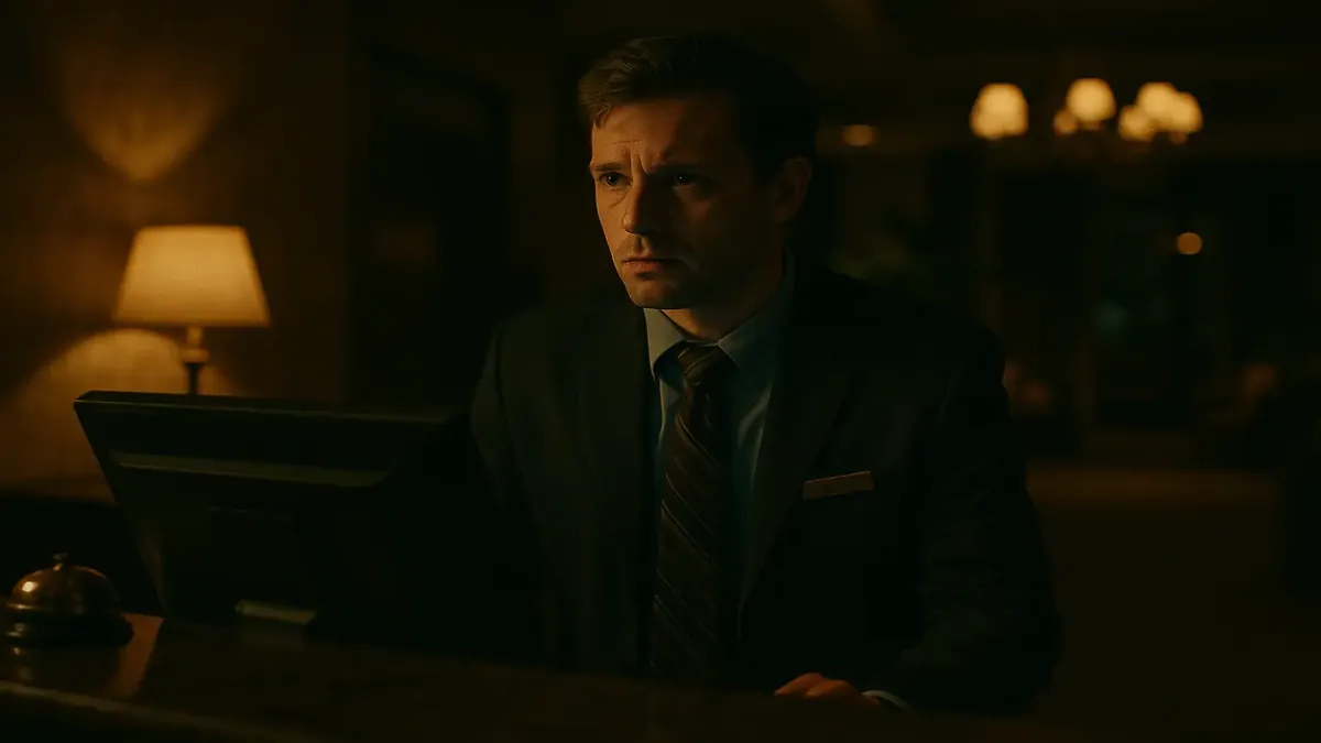 Cinematic image of a hotel front desk at night, illustrating the solitude of a Night Audit shift.