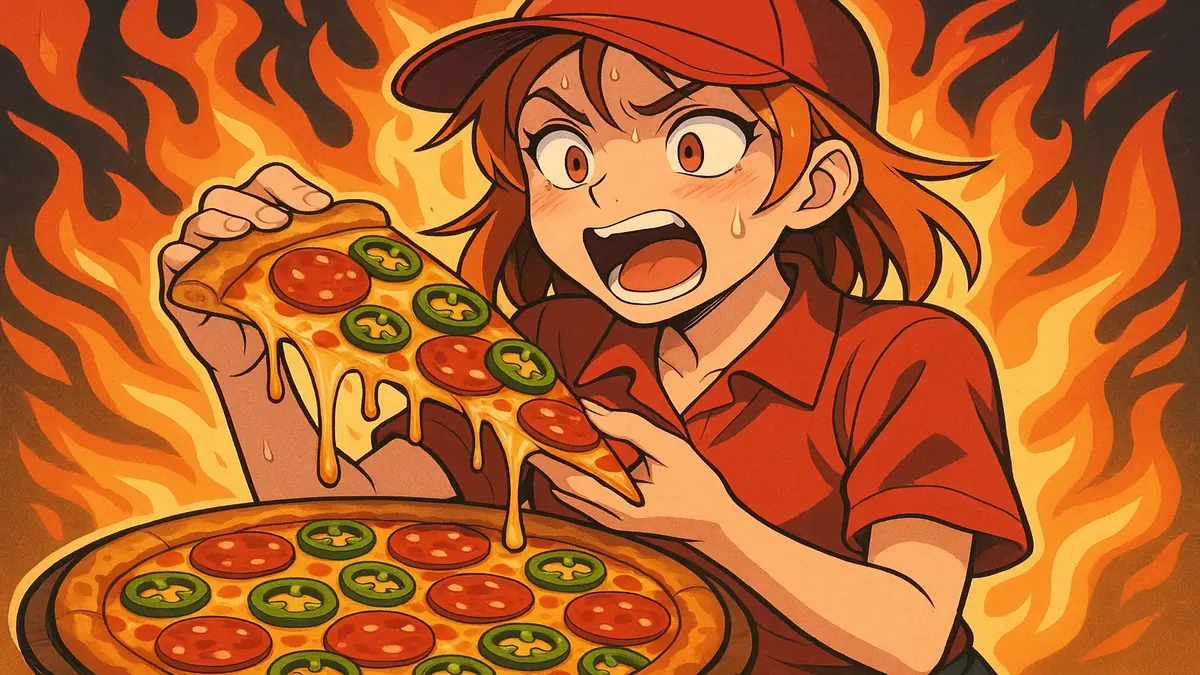 Anime-style illustration of a spicy pizza topped with pepperoni and jalapenos, evoking a nostalgic pizza experience.