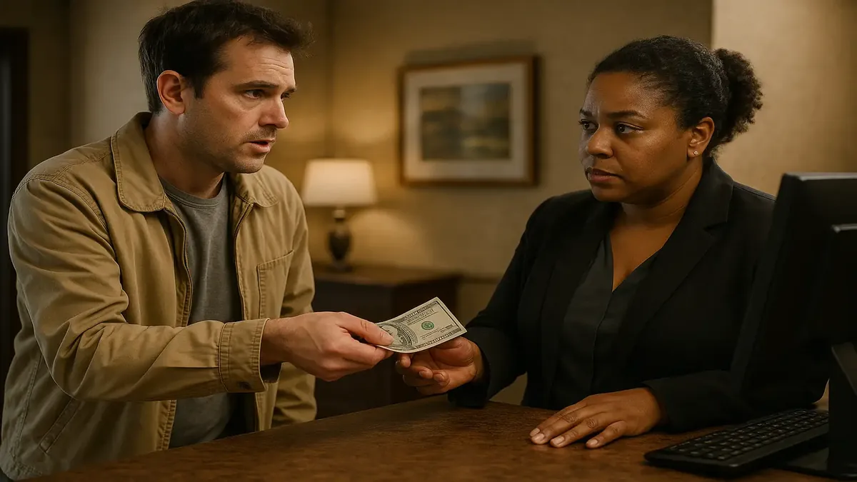 Hotel front desk with a cash deposit, showcasing a check-in experience and customer interaction.