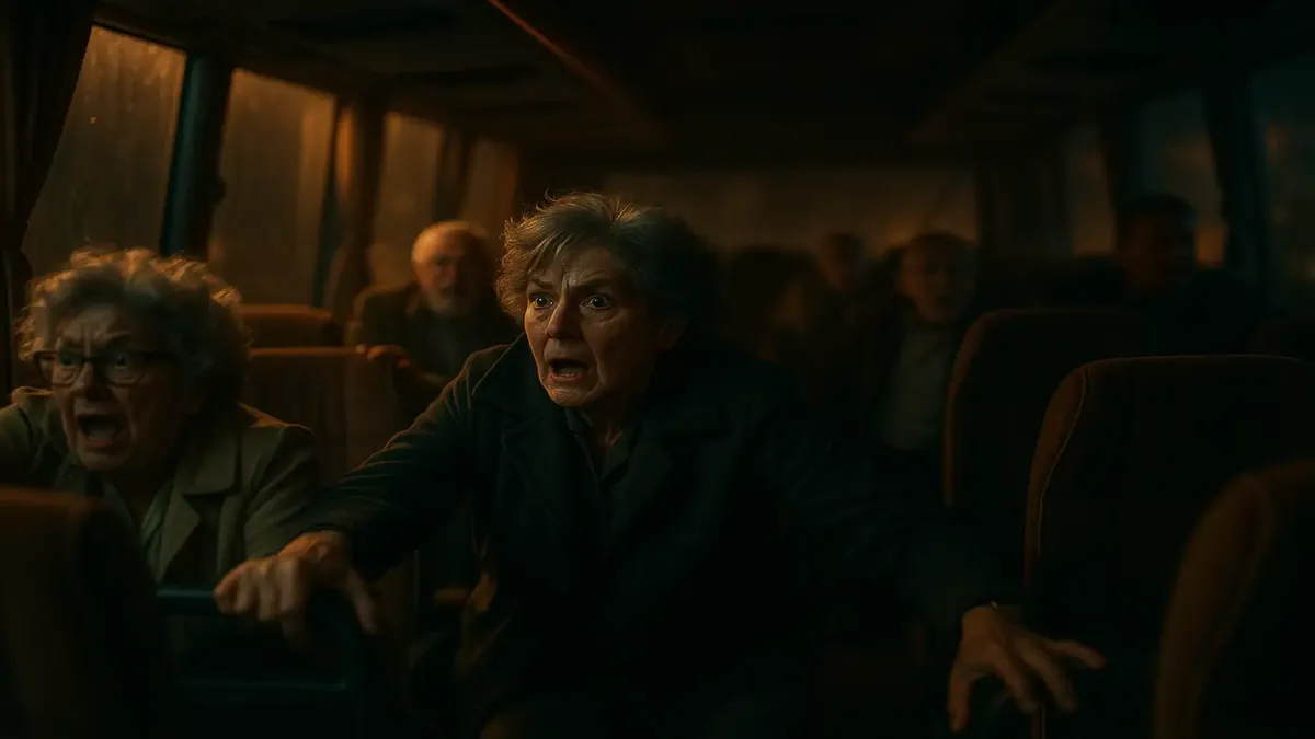 Tour bus filled with retired travelers experiencing unexpected chaos during their journey.