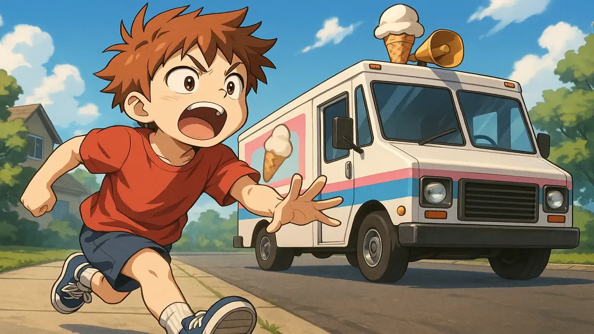Anime illustration of a joyful boy running towards an ice cream truck, excitedly shouting for ice cream.