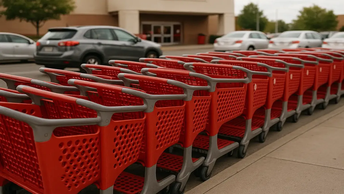 A shopping cart outside a Target store, highlighting the frustration of parking lot encounters.