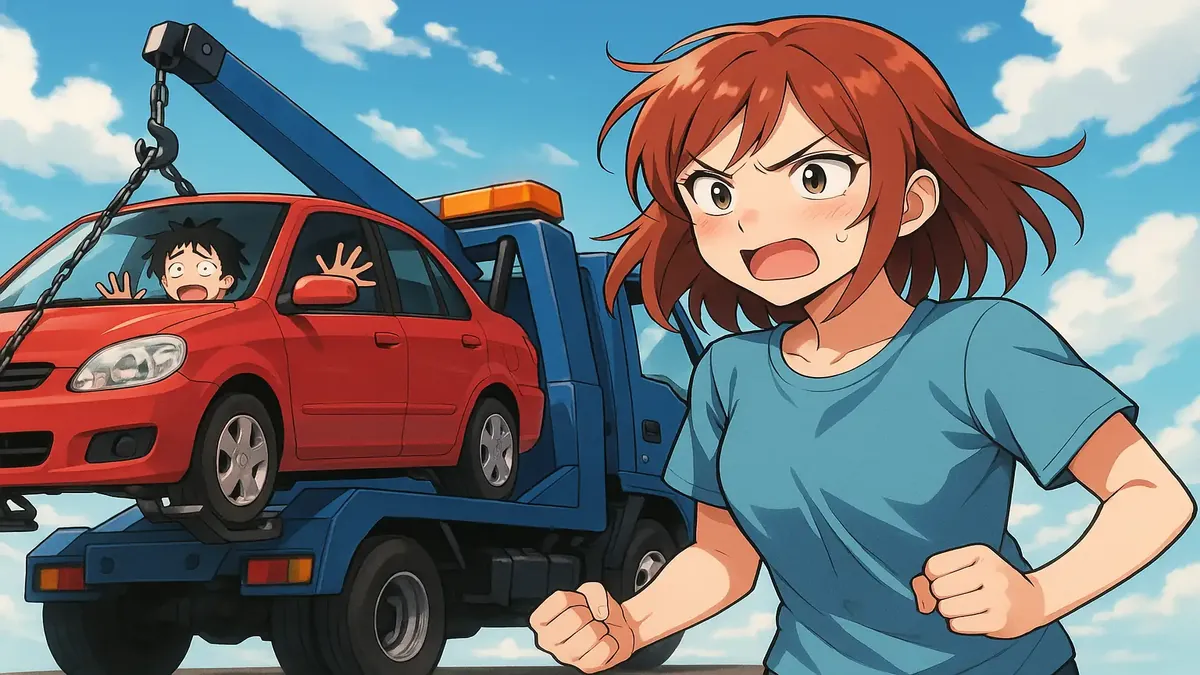 Anime illustration of a person towing a car, symbolizing overcoming emotional struggles and reclaiming independence.