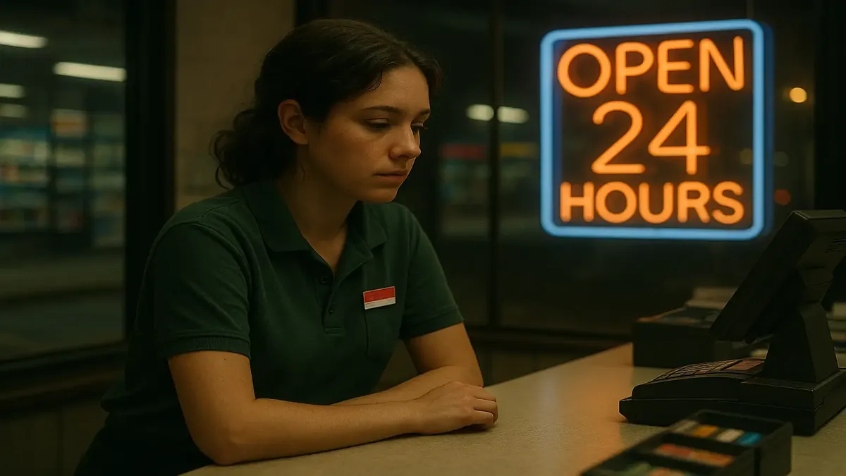 A nightshift cashier at a convenience store helping customers while managing tasks during late hours.