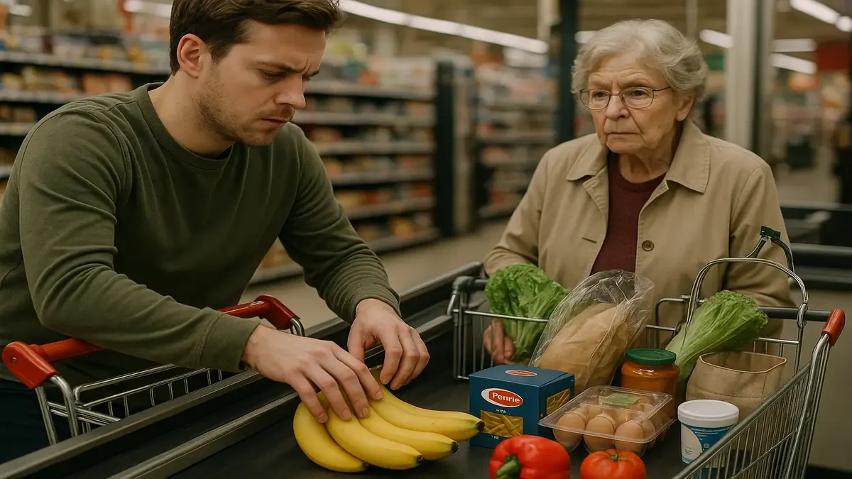 Elderly woman placing groceries on conveyor belt while another shopper unloads a full cart at the supermarket.