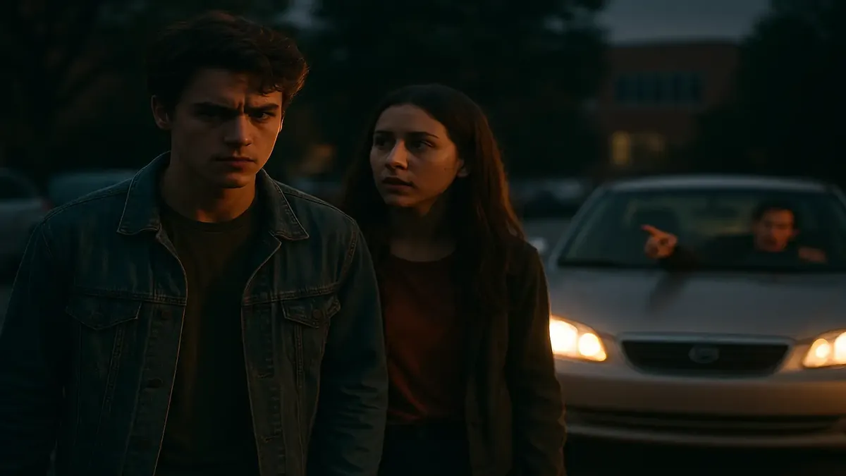 Frustrated college students confronted by aggressive driver over parking spot in cinematic scene.