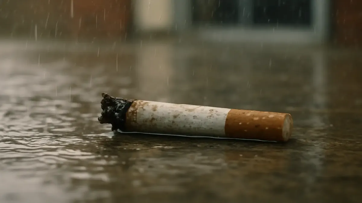 A wet cigarette pack sits on a table, evoking memories of smoking in rainy South East Texas.