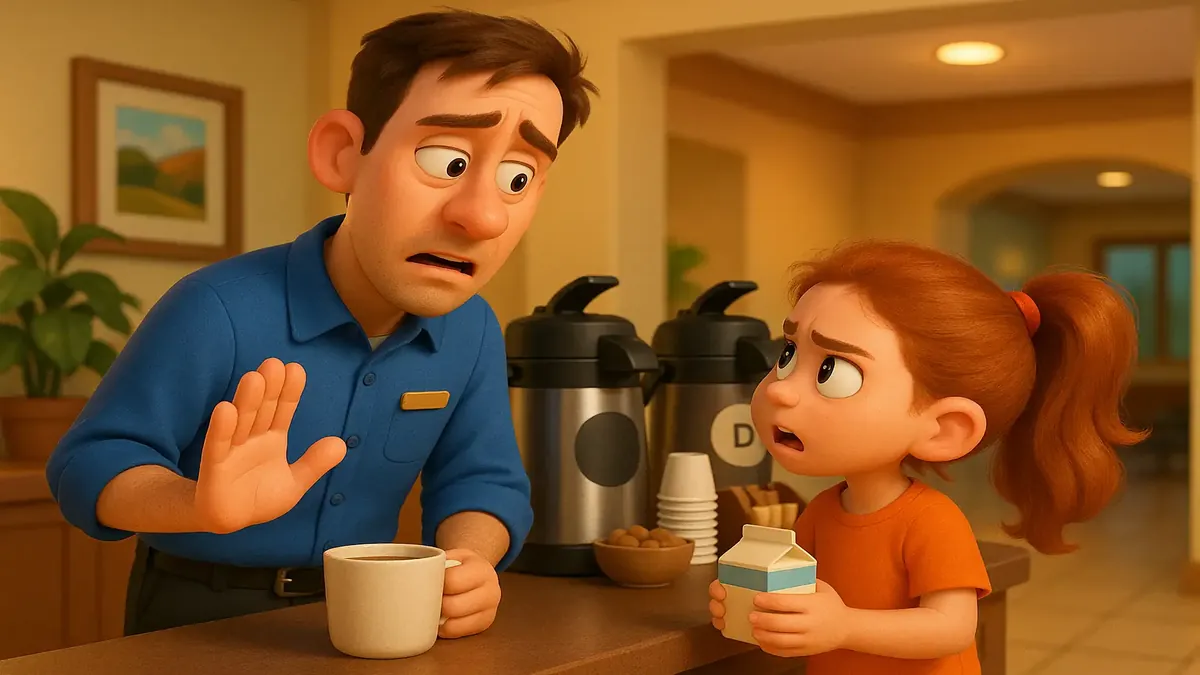 Cartoon 3D coffee bar scene with a whimsical almond milk carton and coffee setup in a cozy lobby.