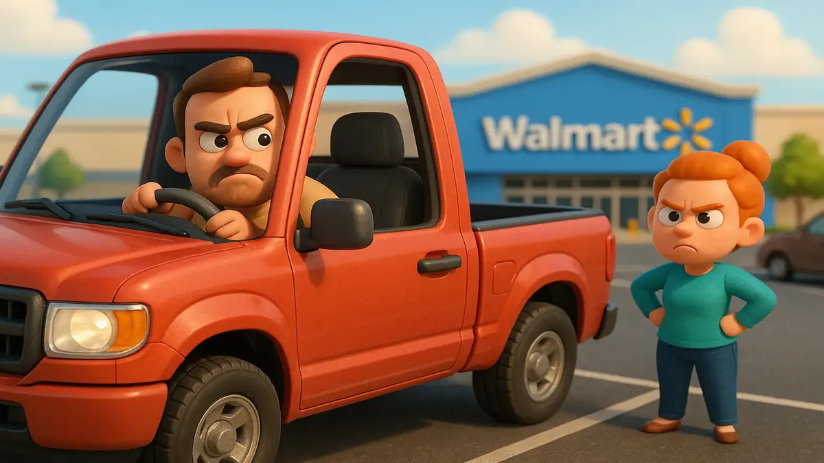 Cartoon-3D illustration of a pickup truck in a grocery store parking lot, capturing everyday moments.