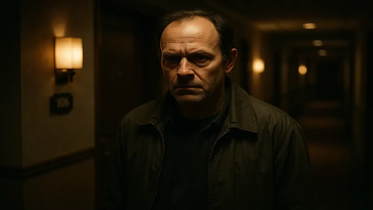 A cinematic scene depicting a hotel hallway with a couple arguing in the background, capturing a memorable hotel experience.
