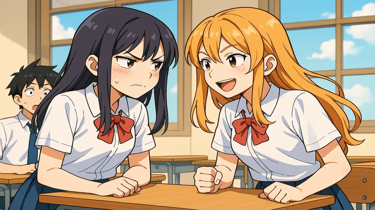 Anime illustration of a boy pretending to like a girl, evoking school crush memories and playful rivalry.