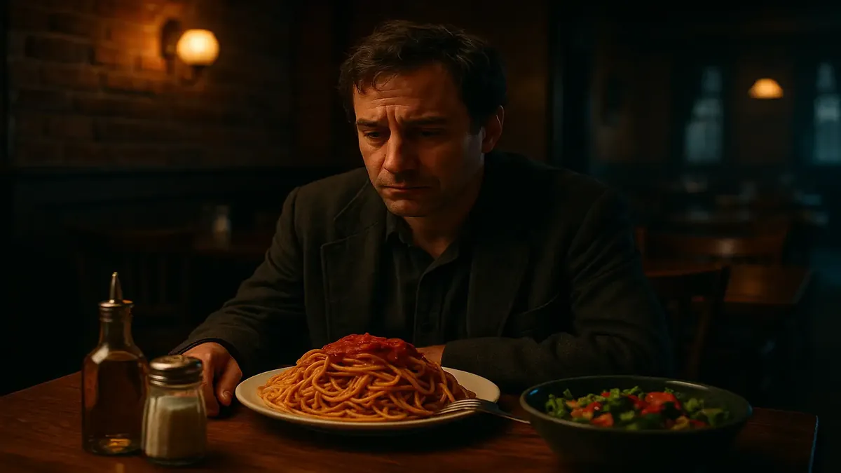 A cinematic shot of a delicious spaghetti dish served in an Italian restaurant setting.