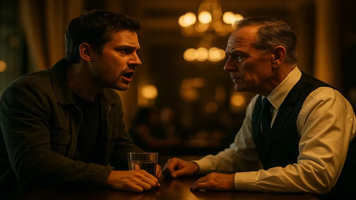 Frustrated hotel staff member confronting a guest over free water request in a cinematic setting.