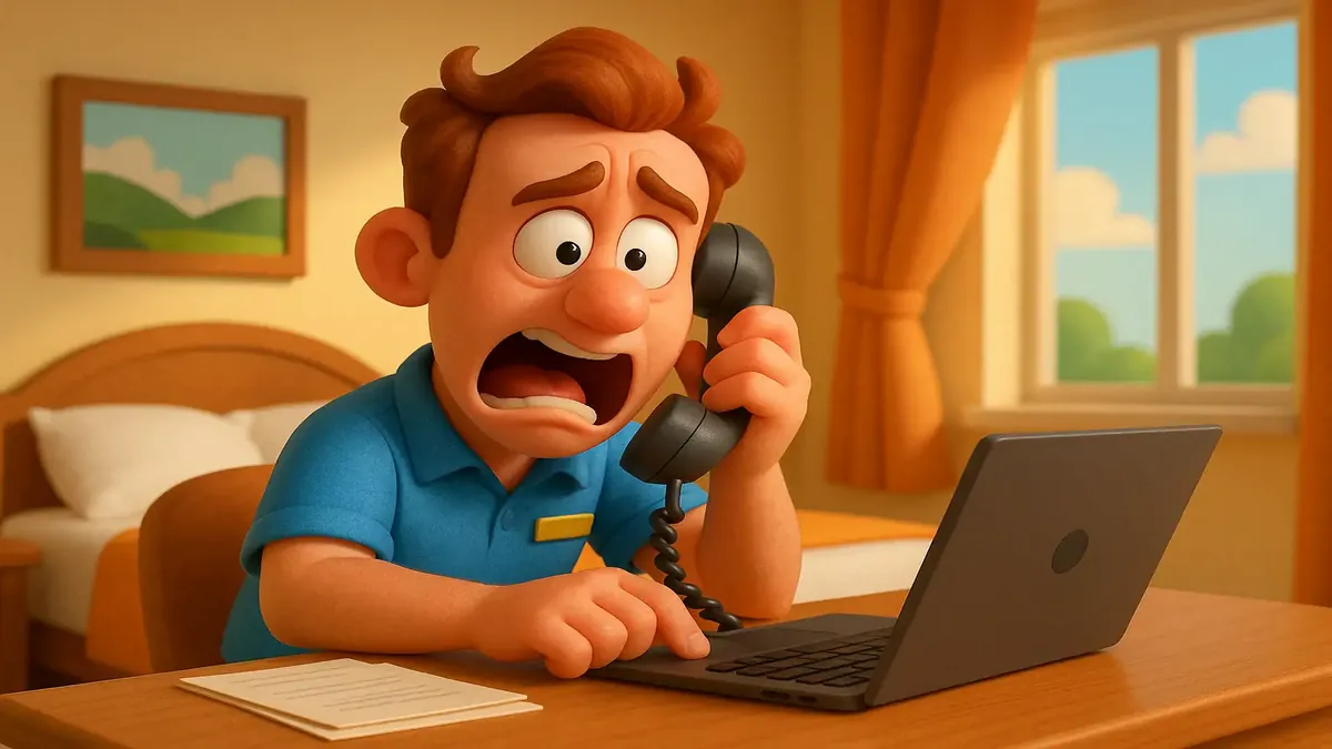 Cartoon 3D illustration of a frustrated hotel staff dealing with early morning reservations chaos.