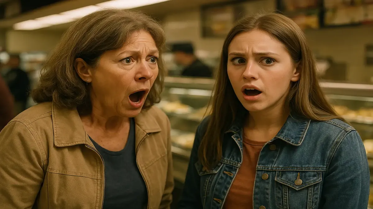Woman and girl in a grocery deli line waiting for potato wedges, showcasing a humorous moment.