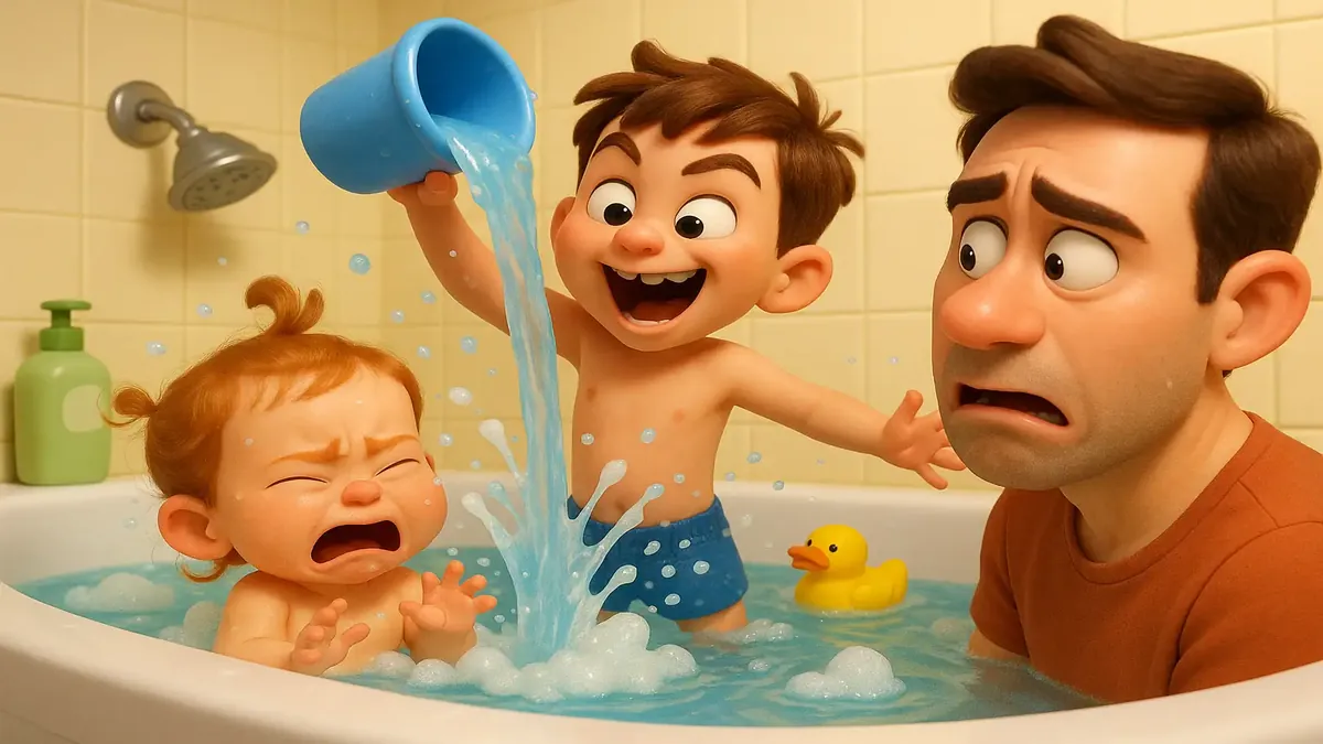 Humorous cartoon-3D illustration of a chaotic bath time with splashing water and playful siblings.