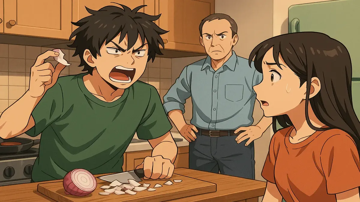 Anime illustration of a family cooking together, showcasing a brother refusing to help with chores at home.