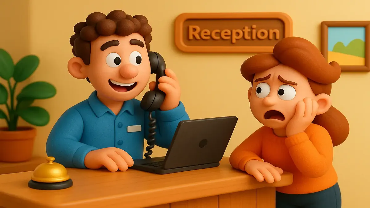 Cartoon 3D illustration of a frustrated reservation agent receiving mixed reactions from callers about rates.