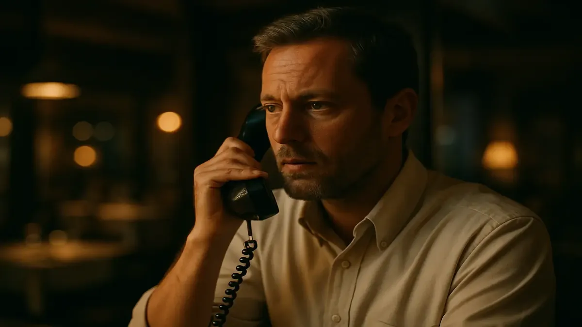 Cinematic image of a stressed hotel receptionist handling a third-party reservation mix-up at night.