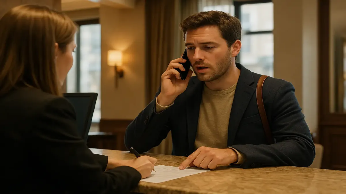 Hotel front desk scene with a guest on the phone, disrupting check-in process, showcasing common frustrations.