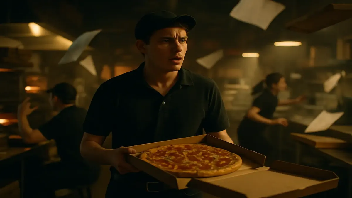 College student managing a pizza place, surrounded by chaos in a cinematic style scene.
