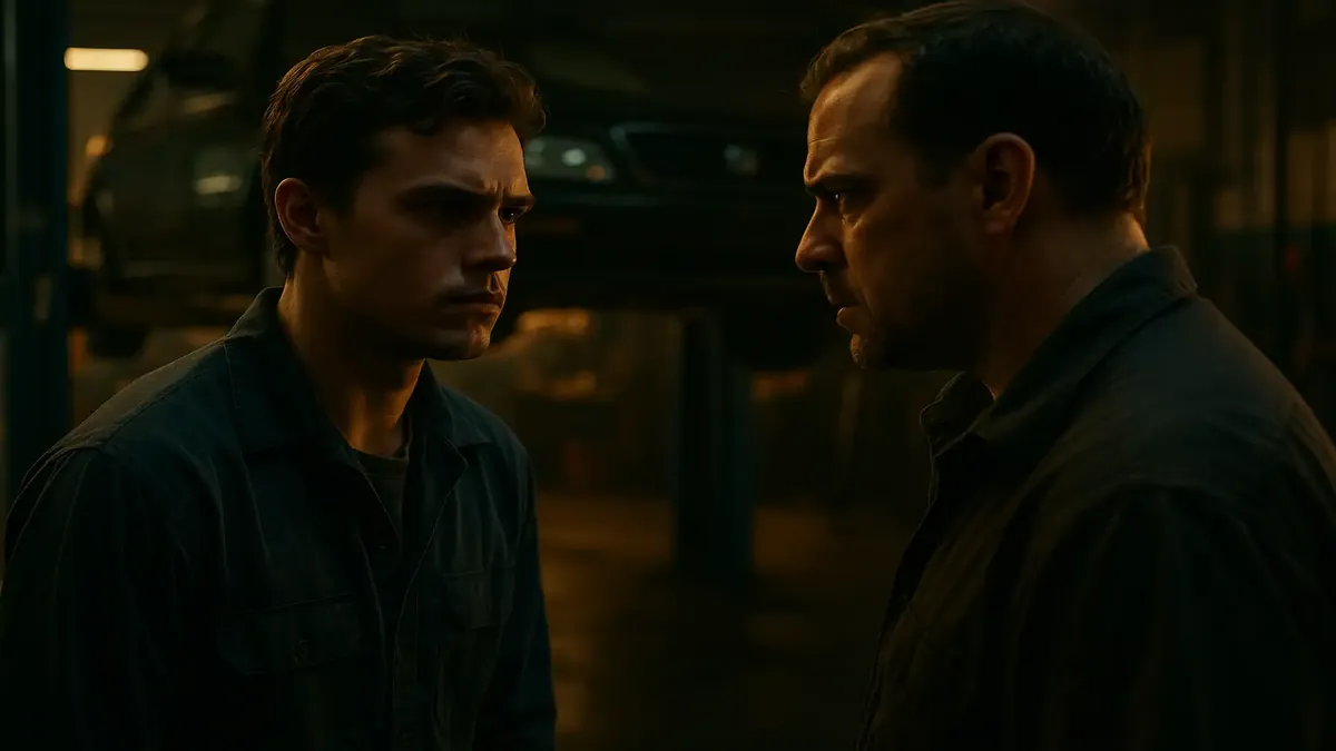 Young employee confronting a rude supervisor at an auto shop, illustrating workplace tension and power dynamics.