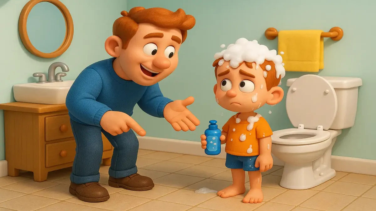 Cartoon-3D image of a boy humorously failing at washing up, embodying the spirit of a mischievous 