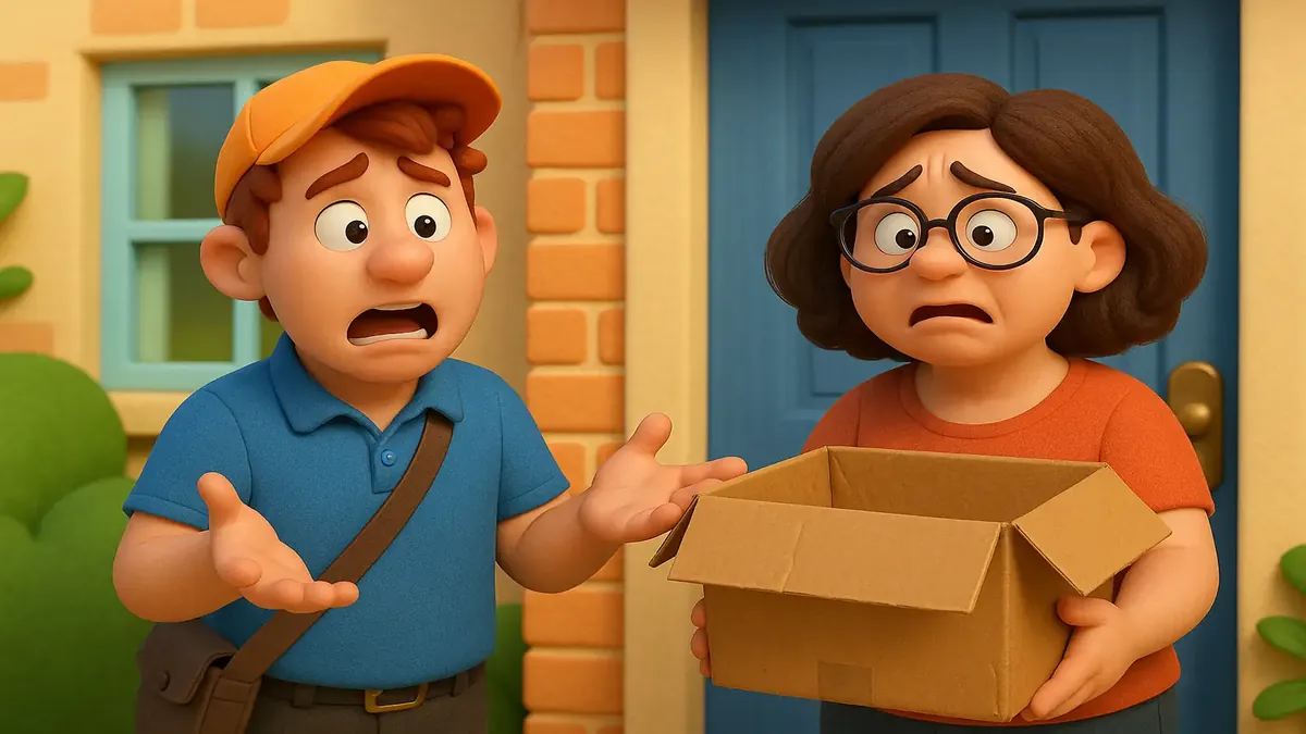 Cartoon-3D illustration of a worried guest tracking a lost package before arrival.