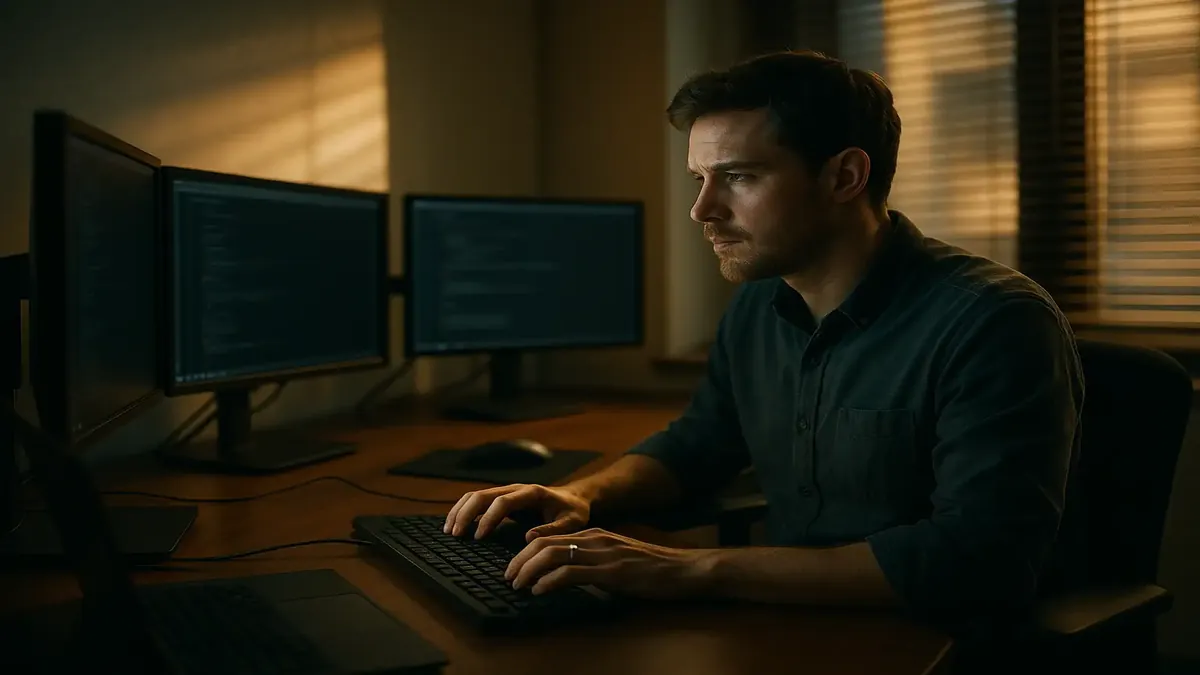 Office setup with multiple monitors, showcasing productivity without traditional equipment.