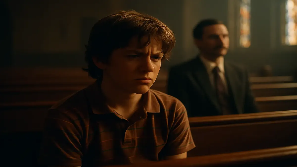 Young teenager feeling frustrated in Sunday school, reflecting on childhood memories in a cinematic style.