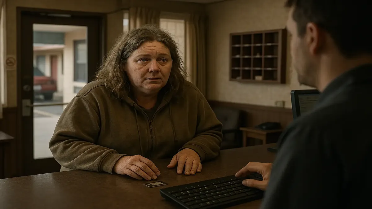 Front desk at a motel with long-term guests chatting, reflecting a casual, everyday setting.