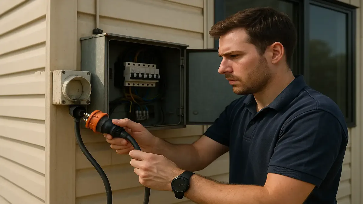 IT technician troubleshooting power issues in a portable office building at a council works depot in Australia.