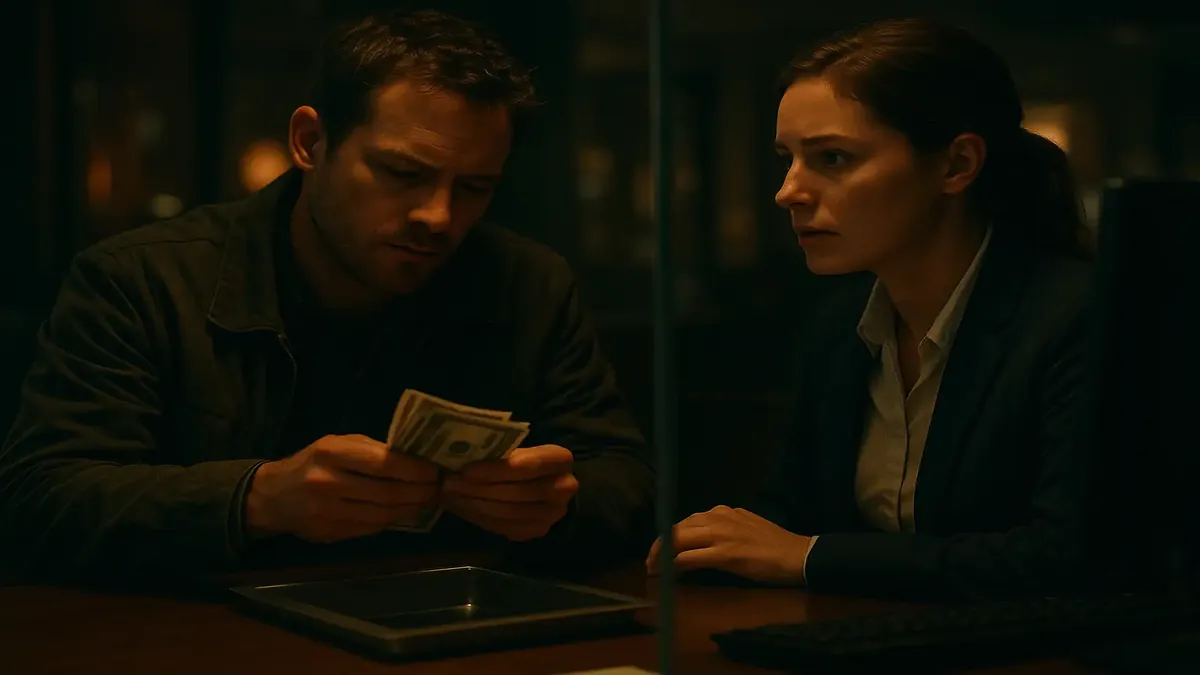 Cinematic depiction of a night shift worker handling a cash deposit with a guest at a front desk.