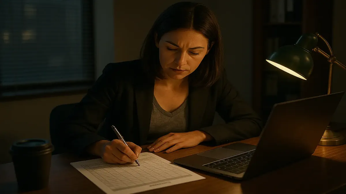 A stressed employee filling out a timesheet at a desk after hours, with a clock showing late evening.