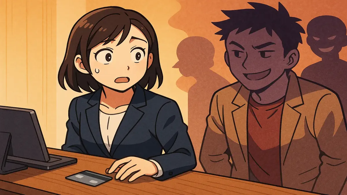 Anime-style illustration of a two-faced guest in a hotel, reflecting rudeness behind a friendly facade.
