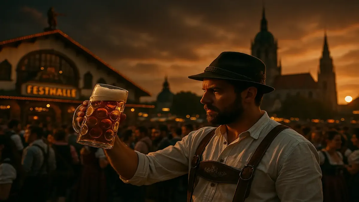Cinematic view of Oktoberfest in Munich, showcasing vibrant beer tents and festive crowds enjoying the celebration.