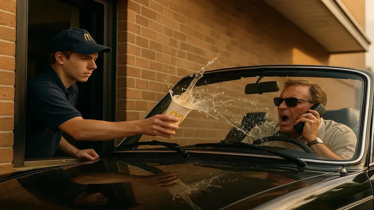 Drive-thru scene at McDonald's in the late '80s, featuring a rude customer in a convertible.