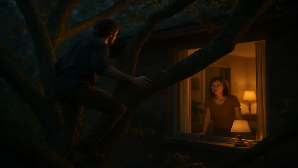 Cinematic view of a tree blocking an apartment's window in Winter Park, Florida, evoking a nostalgic 90s vibe.