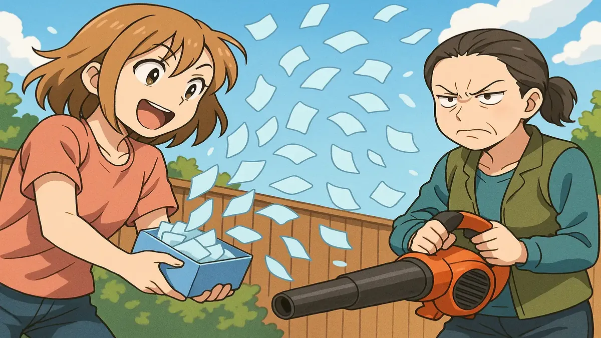 Anime-style illustration of a neighbor obsessively using a leaf blower amidst falling leaves.