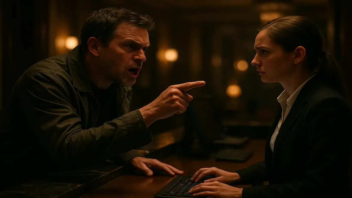 Cinematic scene of a frustrated hotel receptionist dealing with an entitled guest checking in for two rooms.