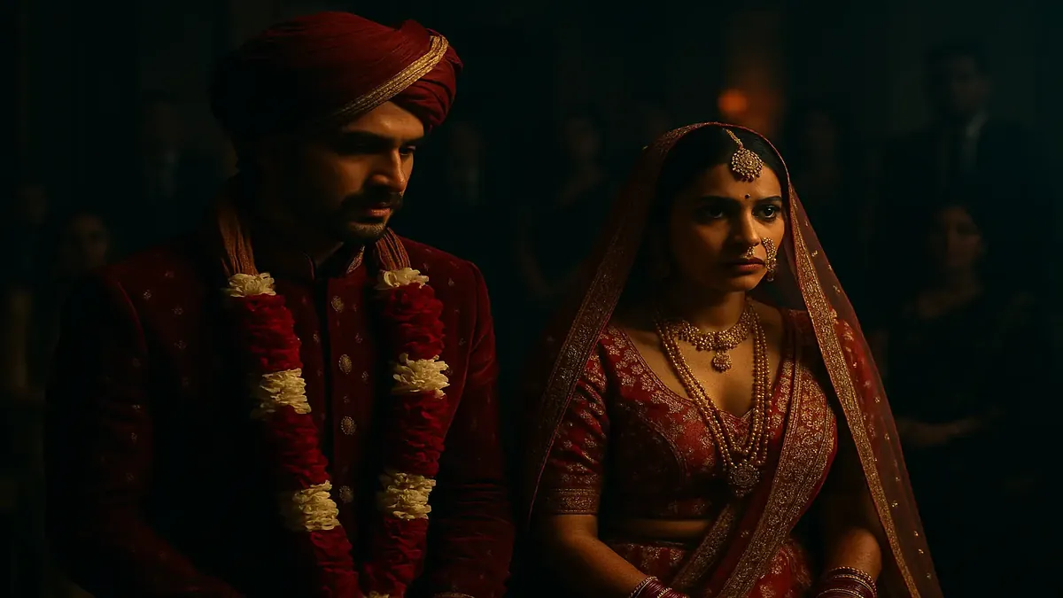 Cinematic view of a chaotic wedding scene showcasing cultural differences and demands in a hotel setting.