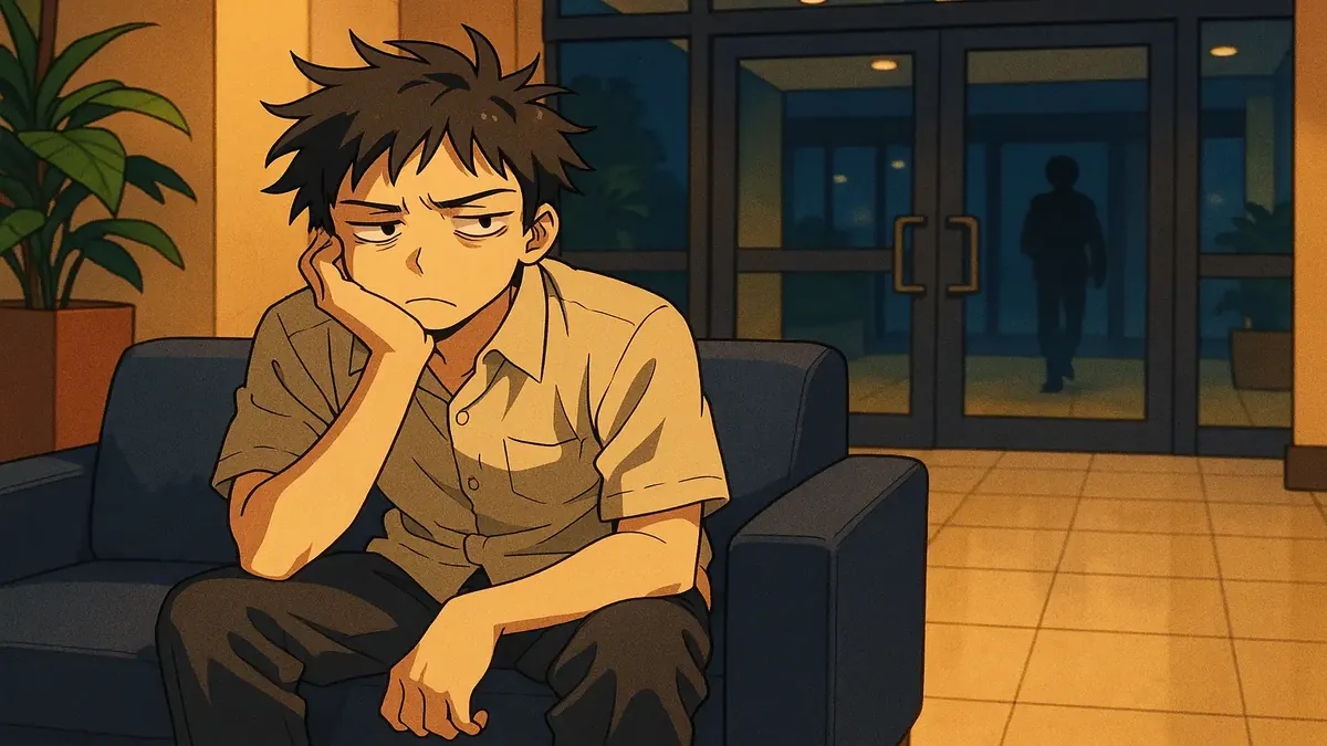Anime illustration of a weary person in a lobby, expressing exhaustion and the longing for solitude.