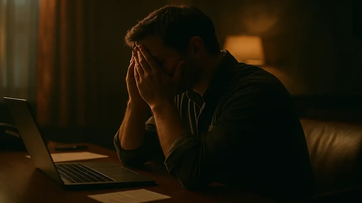 Cinematic image of a worried person reflecting on a costly mistake involving a reservation charge.
