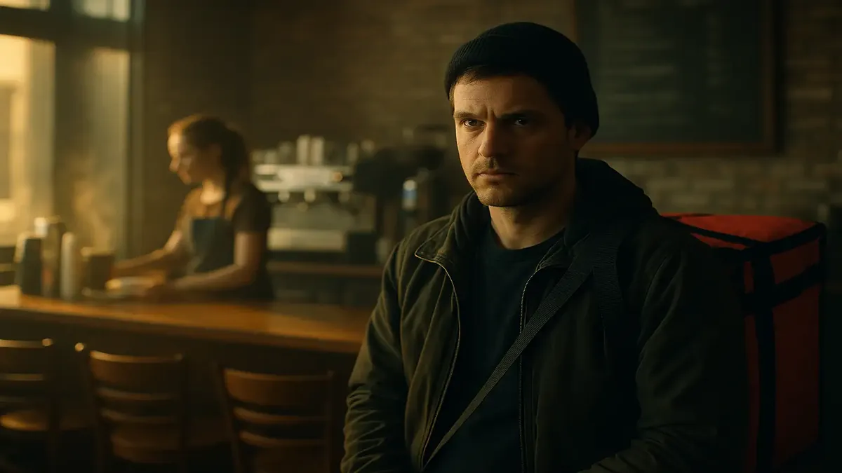 Cinematic image of a frustrated food delivery driver waiting impatiently at a restaurant pickup counter.