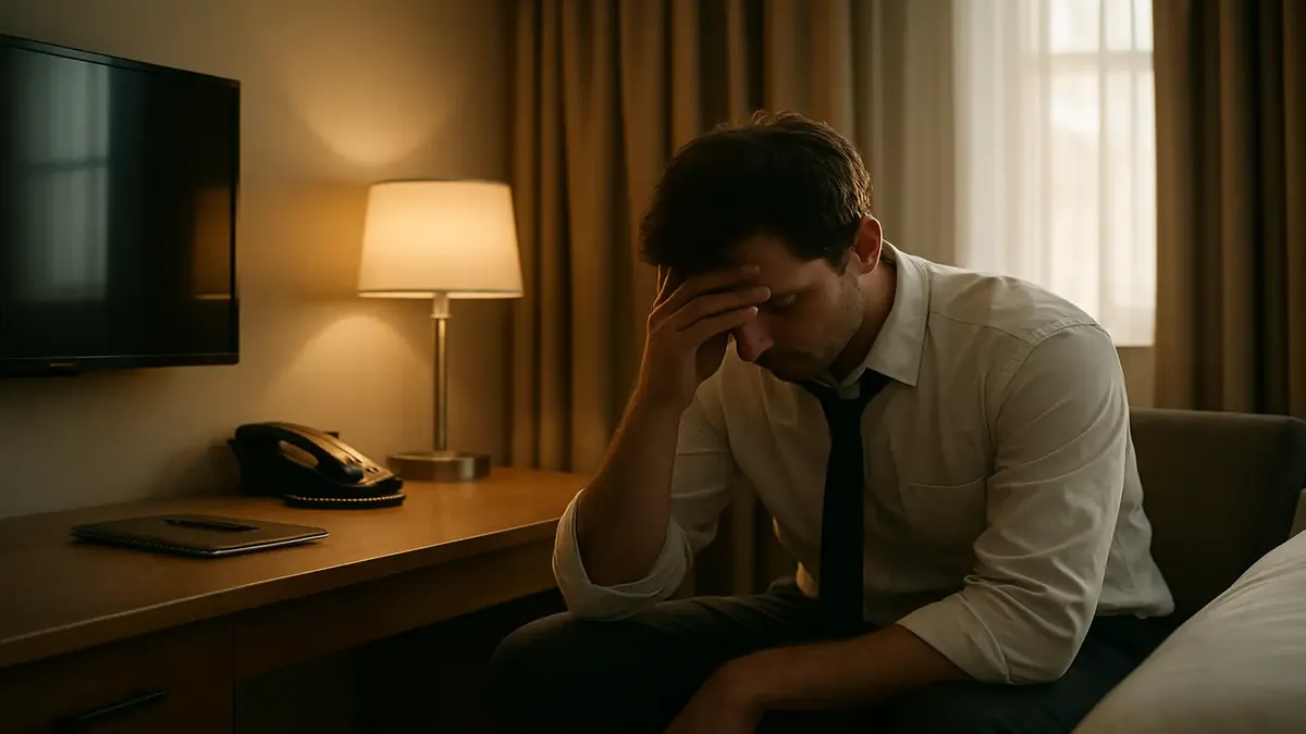 A tired customer service worker in a hotel, symbolizing burnout and frustration with the FDA.