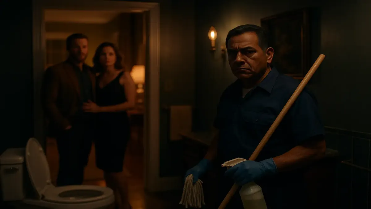 A cinematic scene depicting a frustrated cleaner confronting arrogant clients in a luxurious home setting.
