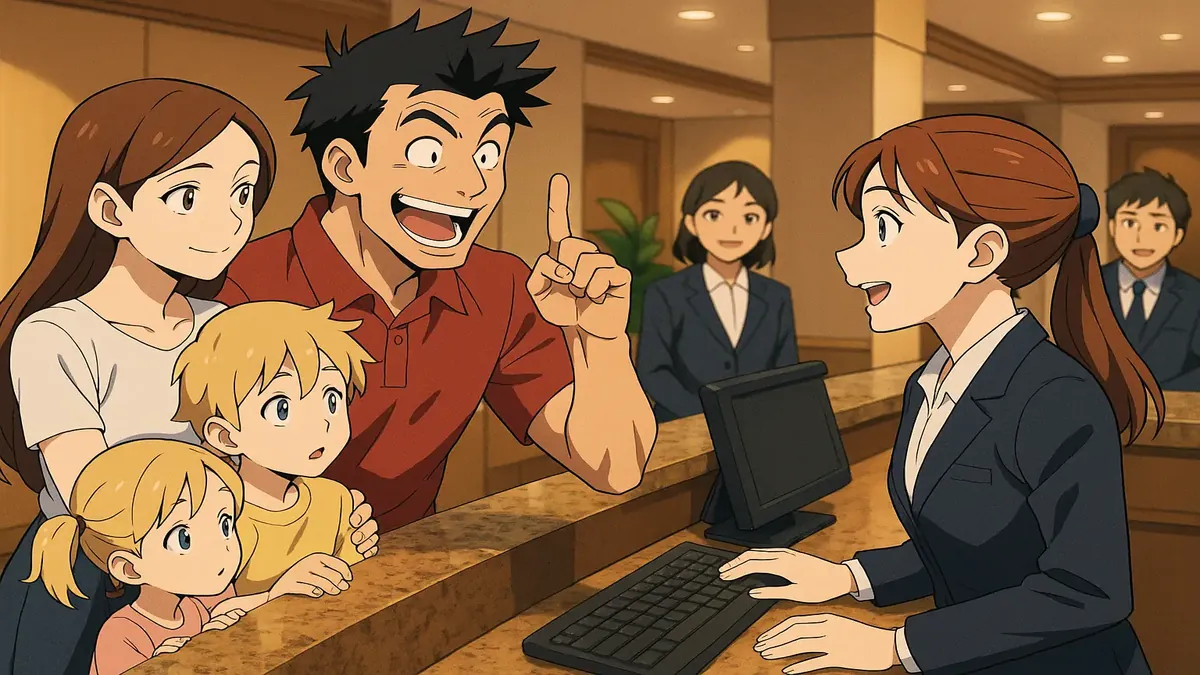 Famous athlete checking in at a luxury resort with family, illustrated in vibrant anime style.