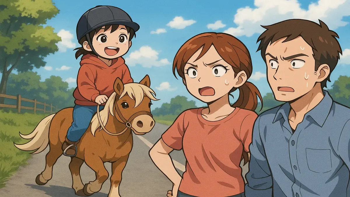 Anime-style illustration of a horse and a child enjoying a pony ride on a country road.