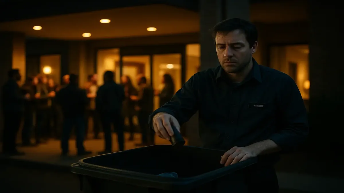 A cinematic view of a crowded hotel entrance with partygoers and trash cans, highlighting a chaotic shift experience.